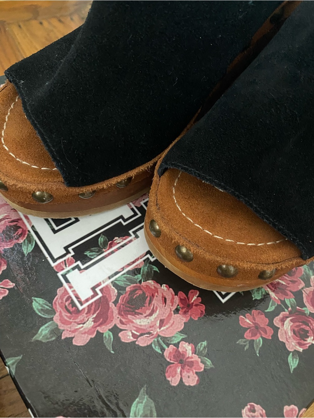 Jeffrey Campbell Black Suede Upper with Brown Wooden Platform Clogs - Picture 5 of 7